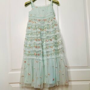 MacDuggal Girl’s 8217 Sz 8 Long Blue Embroidered Ruffle Tiered Flower Girl Dress